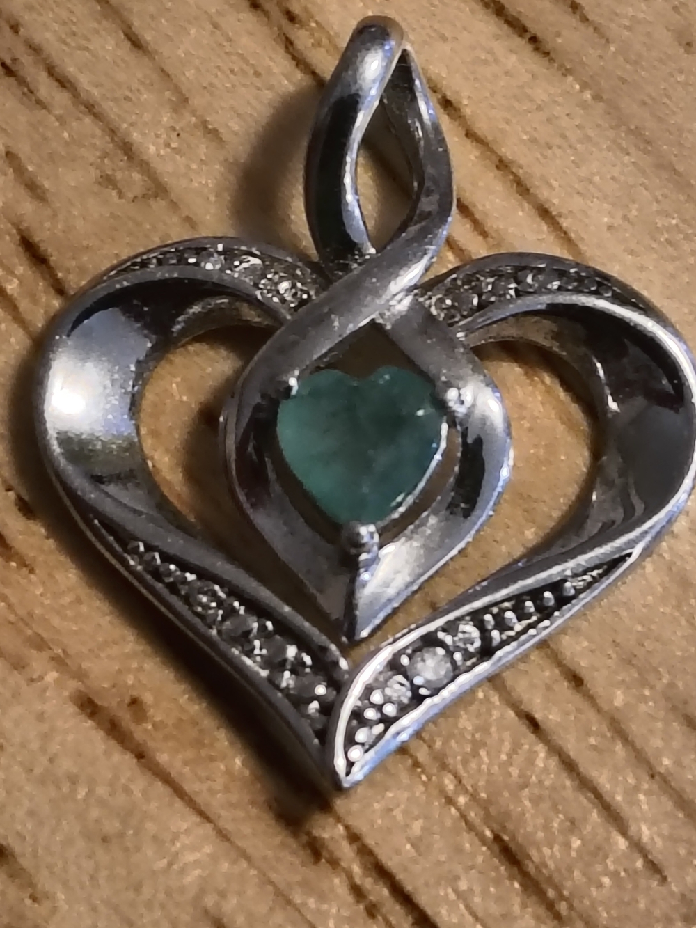 Vintage Sterling Silver Emerald And Diamond Heart Pendant Unsigned